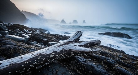 A piece of weathered driftwood lies on a rugged, rocky beach with crashing waves and sea stacks in the misty background.