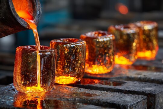 Pouring molten glass into molds to create unique artisanal objects, highlighting the fiery glow of the liquid and the craftsmanship involved in traditional glassblowing.