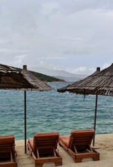 lounge chairs on the beach