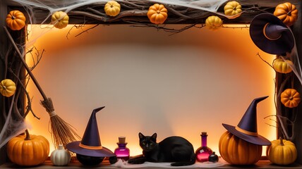 Halloween Frame with Black Cat, Pumpkins, and Witch Hats.