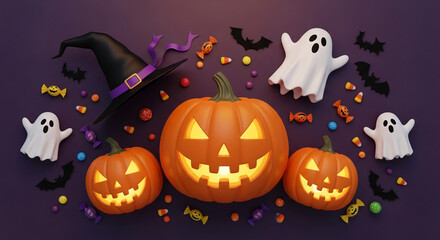Three carved pumpkins, ghosts, witch's hat, bats, and candies on purple background Halloween composition, showcasing festive decorations and free space for text