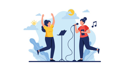 Fototapeta premium Two friends enjoy a karaoke night together singing their favorite song.