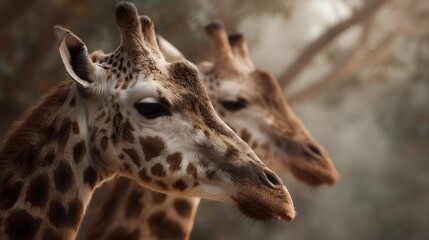 Two majestic giraffes stand side by side their patterned necks and heads captured in soft warm safari lighting