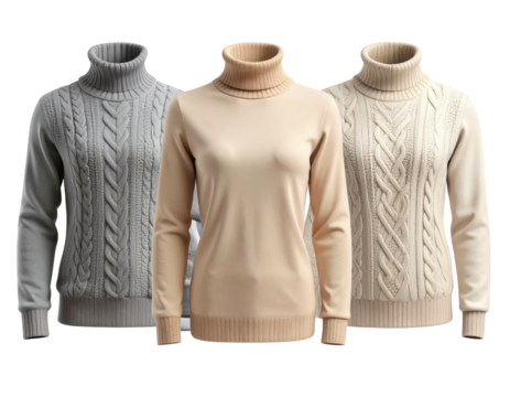 Three turtleneck sweaters in a light neutral color palette
