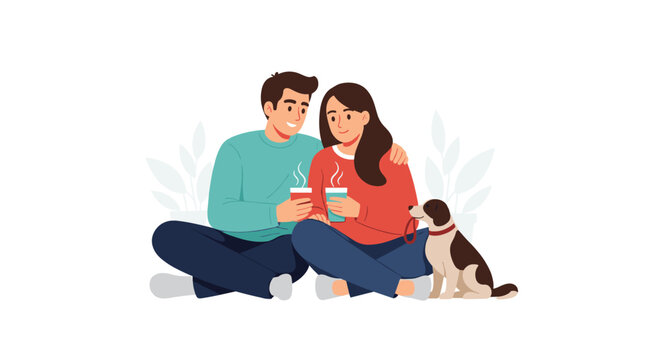 A couple and their dog enjoying coffee outdoors.