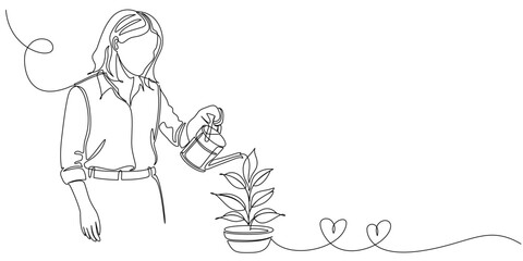 Simple line art vector Illustration of Woman Watering Plants in Pots