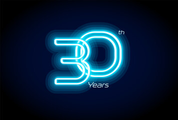 Blue neon number thirty years, 30th anniversary logo on black background. Shiny luminous jubilee sign for celebration emblem of cyber event party, digital startup, gambling icon. Vector illustration.