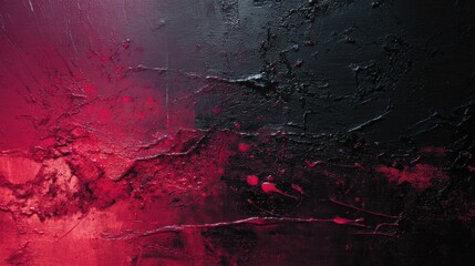 An abstract artwork featuring bold red and black textures, creating a dramatic visual impact with splashes and layered paint.
