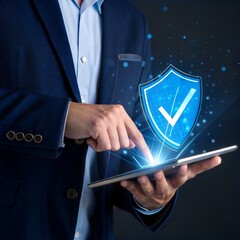 Businessman touching a digital security shield icon on a tablet
