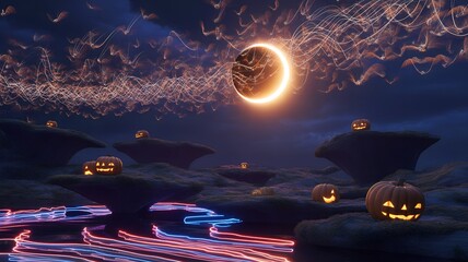 Halloween landscape with carved pumpkins and bats under a glowing eclipse.