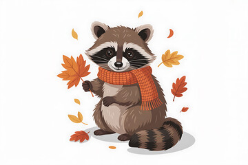 Fototapeta premium Cute raccoon wearing a scarf surrounded by falling autumn leaves, evoking cozy fall vibes.