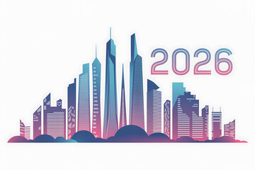 Fototapeta premium Futuristic cityscape silhouette with towering buildings and the year 2026 prominently displayed.