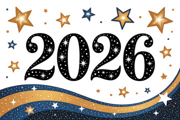 Sparkling stars and golden waves celebrate the year 2026, conveying hope and festive cheer.