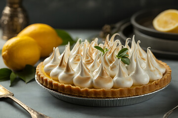 Lemon meringue pie with golden crust and fluffy topping, a sweet and citrusy dessert.