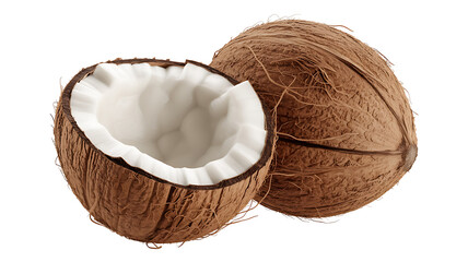 A halved coconut reveals white flesh, contrasting with the textured brown shell and fibrous husk.