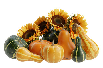 Autumn harvest displays vibrant gourds and sunflowers, showcasing seasonal abundance and warm colors.