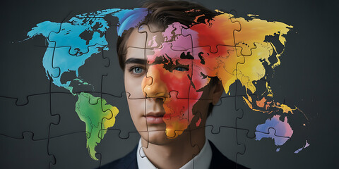 A human face overlaid with a world map puzzle, symbolizing global connection and complex perspectives.