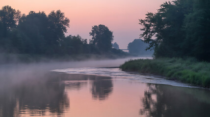 Serene river winds through misty landscape at dawn, reflecting soft pink and orange hues.