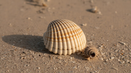 Seashell rests on sandy beach, bathed in warm sunlight, creating shadows and texture.