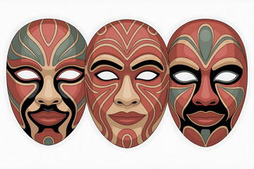 Three stylized tribal masks display intricate patterns and bold color combinations.