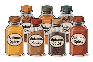 Assorted jars filled with colorful spices, labeled "Autumn Spice," evoke warmth and autumnal flavors.