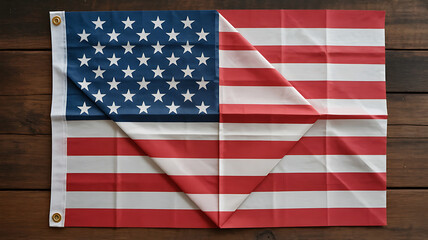 Waving American flag displayed against a wooden surface, showcasing patriotic symbolism and national identity.