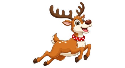 Happy cartoon reindeer with antlers and red collar jumping joyfully