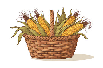 Basket overflows with golden ears of corn, showcasing an autumnal harvest abundance.