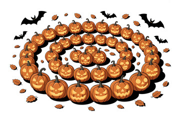 Spiraling arrangement of grinning jack-o'-lanterns and bats, evoking a festive Halloween atmosphere.