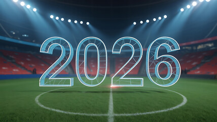 Bright stadium lights illuminate the year 2026 in a futuristic, glowing digital display.