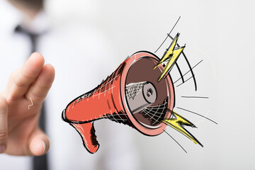 Hand holding digital megaphone, announcing news, marketing concept. Ideal for business,...