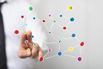 Hand interacting with colorful network, connection, technology, communication, teamwork, global network, digital, innovation, strateg