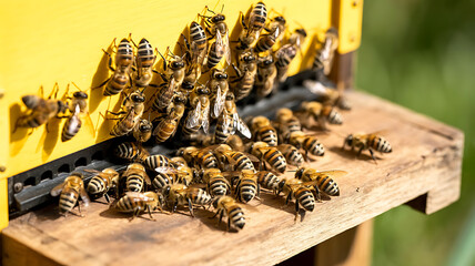 Busy bees swarm around a wooden hive, diligently working, showcasing nature's industriousness.