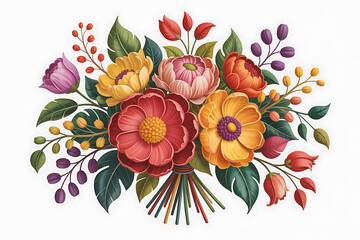 Vibrant floral bouquet bursts with colorful blooms, foliage, and delicate stems.