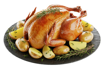 Roasted golden-brown chicken with potatoes and lemon, presented on a dark slate platter.