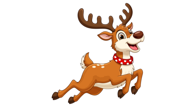 Happy cartoon reindeer with antlers and red collar jumping joyfully