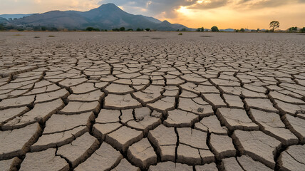 Parched earth cracks under a vast sky, revealing a landscape of drought and arid conditions.
