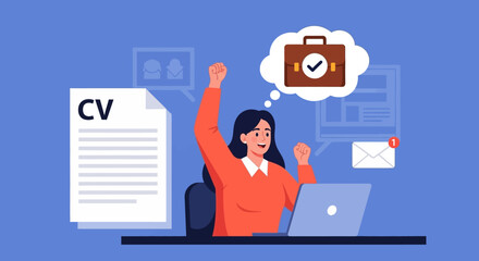 Fototapeta premium Happy Woman Celebrating Job Offer Success with CV and Laptop