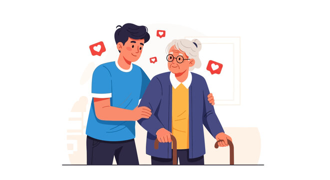 Young man supporting elderly woman, representing care, community, and intergenerational connection