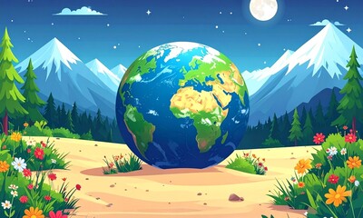 Naklejka premium Night scene of Earth globe under moonlight surrounded by flowers and mountains illustration