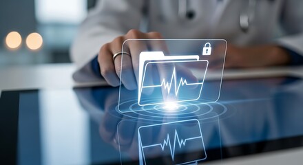 A doctor accessing patient medical records on a digital tablet, emphasizing data security, healthcare technology, and the importance of electronic health records for efficient patient care