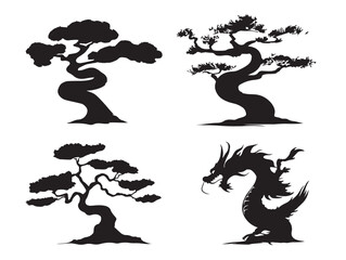 Dragon Tree Silhouettes with Exotic Style in 2D Vector Line Art
