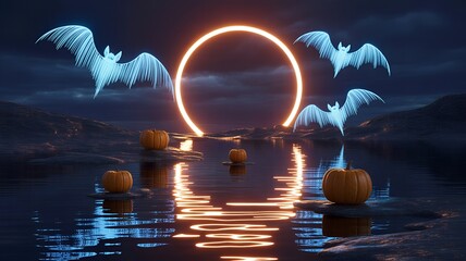 Halloween Scene with Glowing Ring, Pumpkins, and Bats.