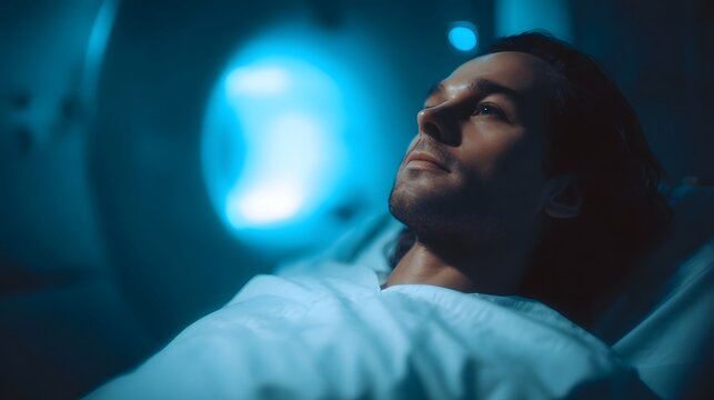 A man undergoing a medical scan in a futuristic diagnostic hine with blue lighting
