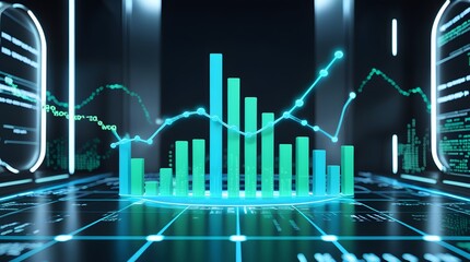 A digital 3D financial graph showing rising blue and green bars with glowing lines, symbolizing business growth, data analytics, and stock market performance in a futuristic environment.