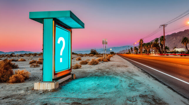 A blue sign with a large question mark on it stands in the middle of an empty desert road at sunset, evoking curiosity and mystery - Powered by Adobe