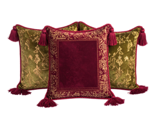 Three decorative pillows, burgundy and olive green, ornate detailing