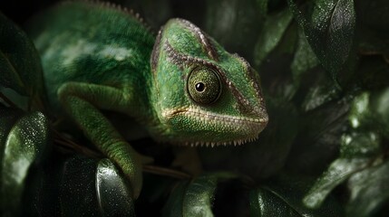 Fototapeta premium A detailed close up of a vibrant green chameleon nestled among lush leaves showcasing its intricate scales and textured skin