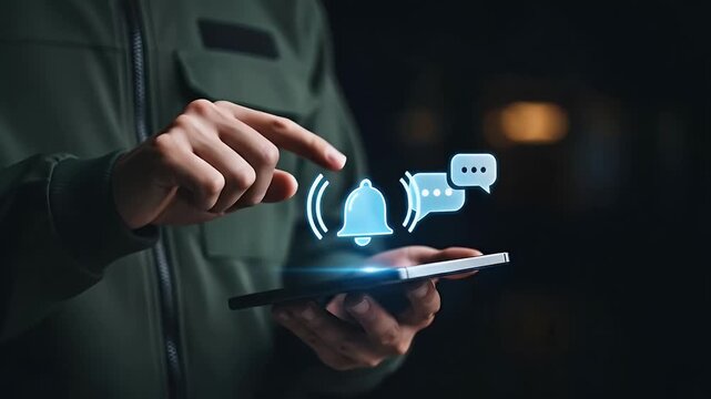 A businessman holding a modern smartphone and touching a virtual notification bell icon for digital alerts and social media updates - Powered by Adobe