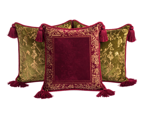 Three decorative pillows, burgundy and olive green, ornate detailing